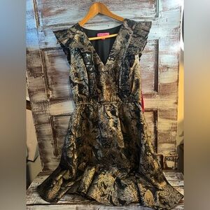 Betsey Johnson Black and Gold Ruffle V-Neck Party Dress